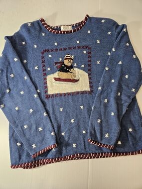 Christopher & Banks Blue Bear Sled Crewneck Sweater Vintage Y2K Embroidered Xmas